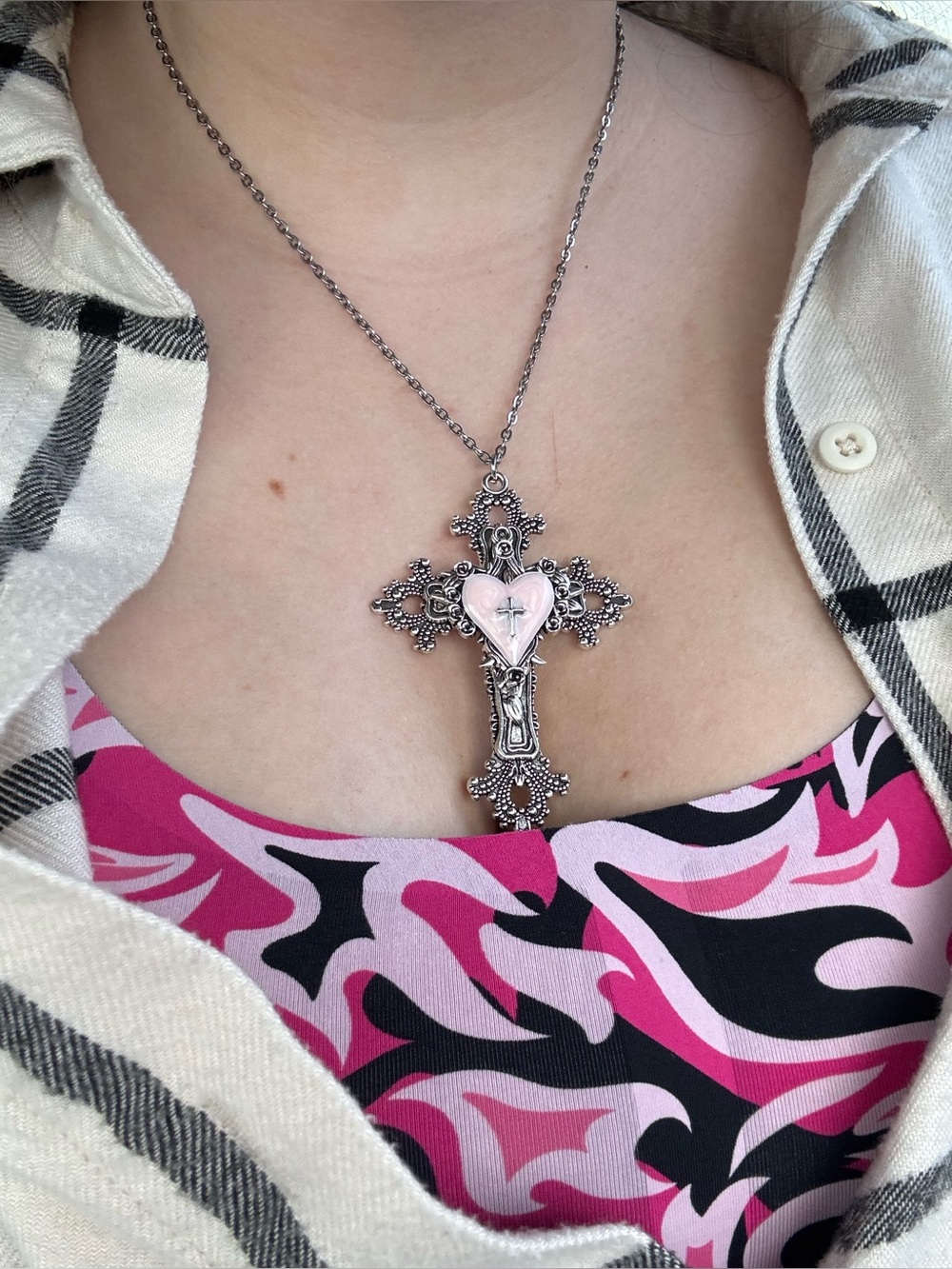 Ornate Silver Cross Necklace with Pink Heart Accent